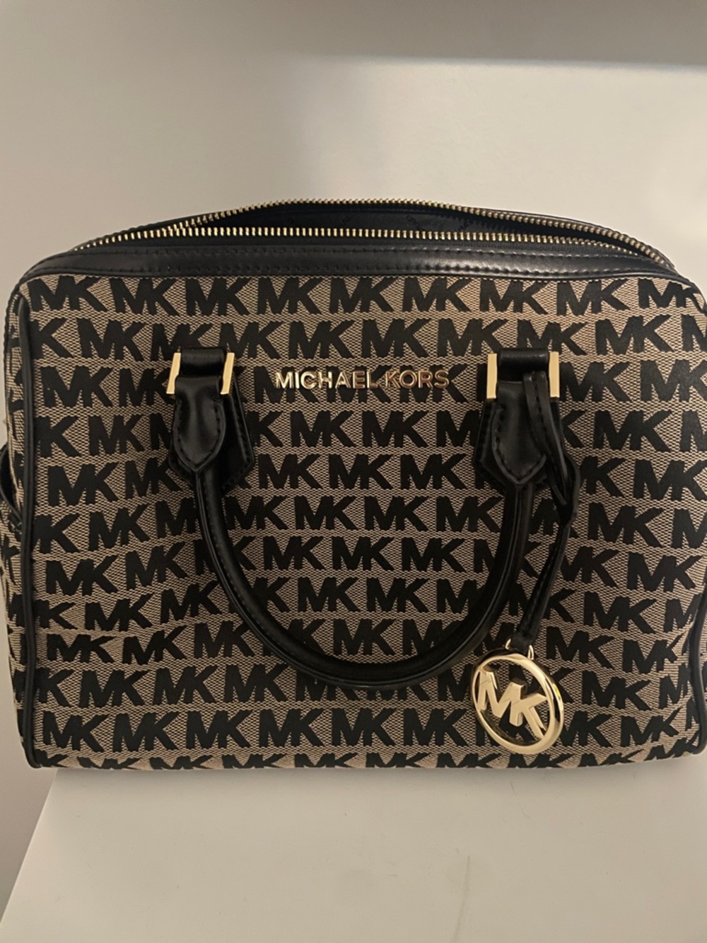 Michael Kors Brown & Black MK Logo Satchel with Gold Hardware